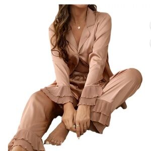Women’s Pink Satin Button Up Ruffle Sleeve & Hem Pajama Pants Set, Size Small